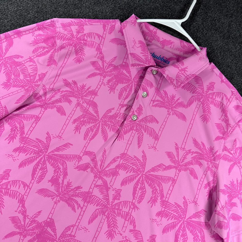 Chubbies Polo Shirt Mens L Large Pink Palm Tree Print Performance Golf Casual